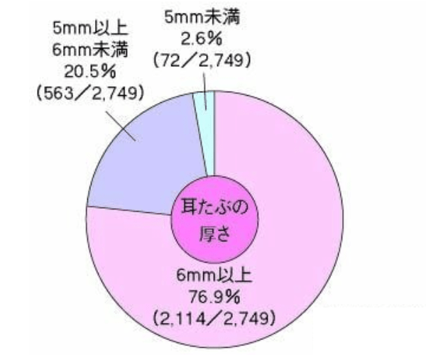 日本人の耳たぶは、成人の8割近く(76.9%)が6mm以上の厚さがある